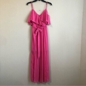 Bisou Bisou Dress Pink Ruffle Top Cold Shoulder Maxi Tie Front Zipper Back NWT